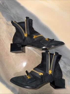 Pierre Hardy Black Suede Ankle Booties with Gold Zipper Hardware
